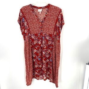 Knox Rose Women's Floral Print Short Ruffle Sleeve Dress - Rust‎ Red Boho Chic